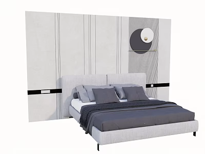 Modern Background Double Bed Featuring Gray Headboard Pillows Dark Bedspread Gray Striped Wall Circular Decor 3d model