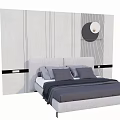Modern Background Double Bed Featuring Gray Headboard Pillows Dark Bedspread Gray Striped Wall Circular Decor 3d model