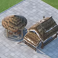 Scenic Rustic Outdoor Pergola With Thatched Roof Wooden Structure And Garden Tables Chairs