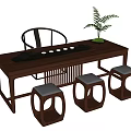 Modern Wooden Tea Table and Chairs Set with Teacups and Potted Fern Plant