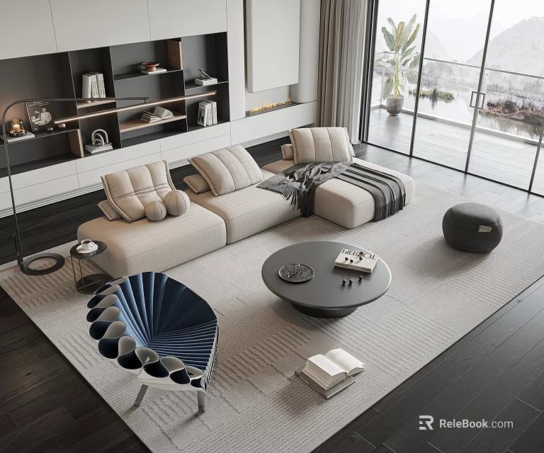 Modern Beige Sofa and Round Black Coffee Table Set With Area Rug and Potted Plant 3d model 
