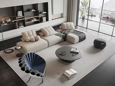Modern Beige Sofa and Round Black Coffee Table Set With Area Rug and Potted Plant 3d model