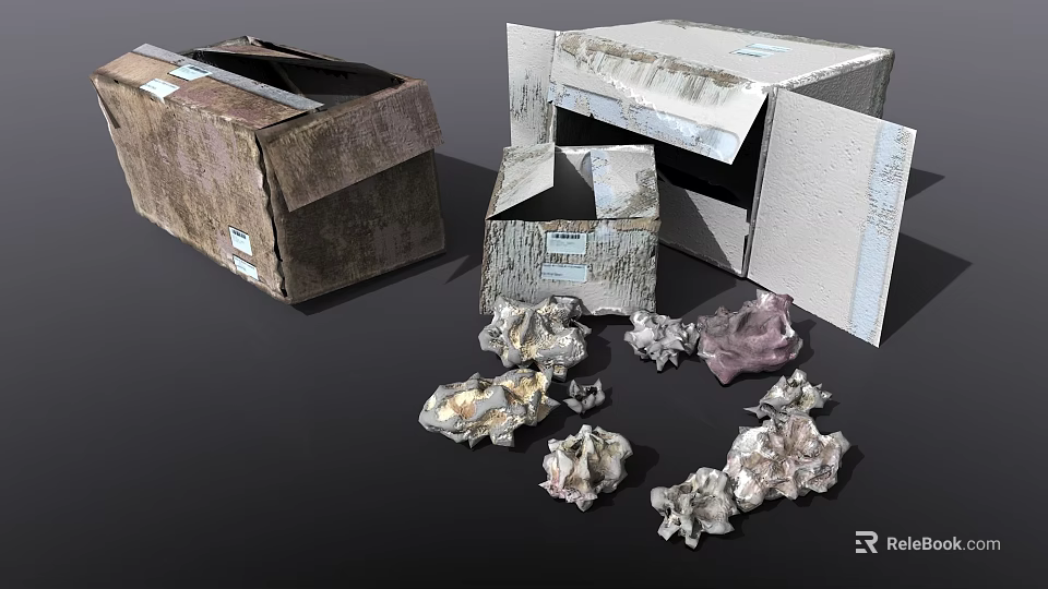 Household Items With Open Cardboard Boxes And Broken Fragments Inside 3d model 