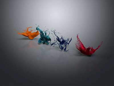 Colorful Paint Splashes In Various Colors With Dynamic Effect And Reflection On Gray Background 3d model