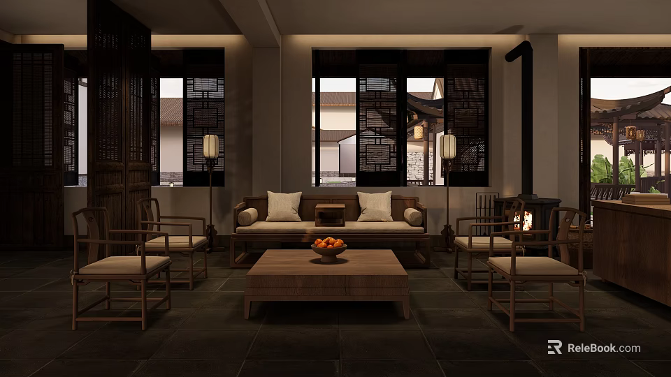 Traditional Chinese Style Leisure Sofa Set With Wooden Coffee Table And Chairs 3d model 