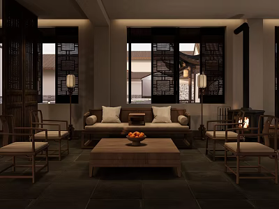 Traditional Chinese Style Leisure Sofa Set With Wooden Coffee Table And Chairs 3d model