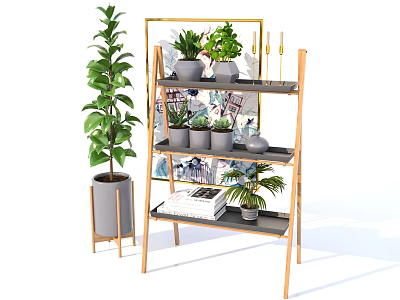 Stylish Interior Decor With Potted Plants On Wooden Shelf And Decorative Painting Books Candles 3d model