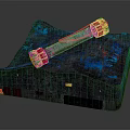 Silver Orange Long Weapon With Muzzle Ends On Black Blue Red Textured Rock Mechanical Panels 3d model