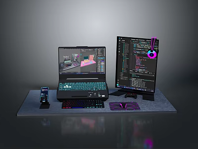 Gaming Workstation Setup With Dual Monitors Keyboard Mouse Headphones And Smartphone 3d model