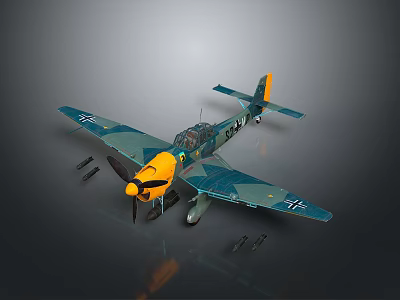 Green and Yellow Airplane Model With Propeller Wing Markings and Attached Bombs 3d model