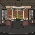 Elegant Private Dining Room Interior With Round Table Leather Chairs Circular Chandelier And Wooden Ceiling 3d model