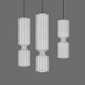 Three Modern Pendant Lights With Curved Vertical Striped Wooden Design On Grey Background