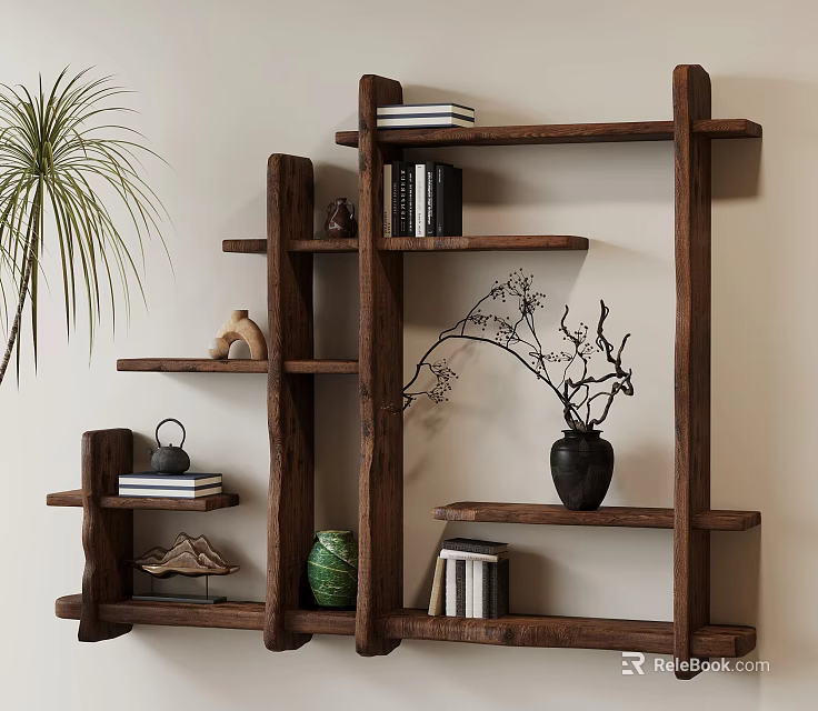 Wooden Shelf with Multiple Shelves Displaying Books Decorative Items Vase Green Jar and Plant 3d model 