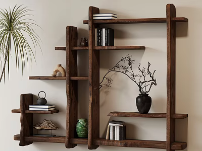 Wooden Shelf with Multiple Shelves Displaying Books Decorative Items Vase Green Jar and Plant 3d model