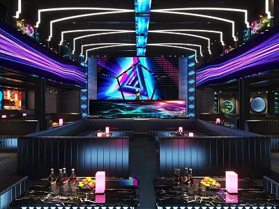 Modern Bar With Neon Lighting Large LED Screen Comfortable Lounge Seats And Drinks On Tables 3d model