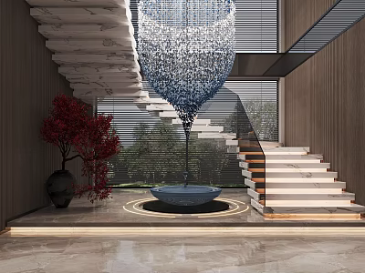 Modern Interior Design Featuring Glass Railing Staircase Crystal Chandelier Water Feature Red Tree Wooden Walls 3d model