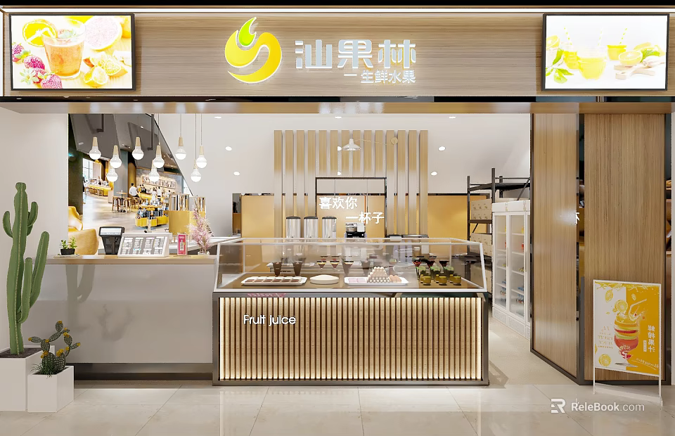 Modern Bubble Tea Shop Interior Design Featuring Display Counter Fresh Drinks And Menu Screens 3d model 
