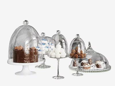 Assorted Desserts Under Glass Dome Covers With Chocolate Cake White Marshmallows Cookies On Different Stands 3d model