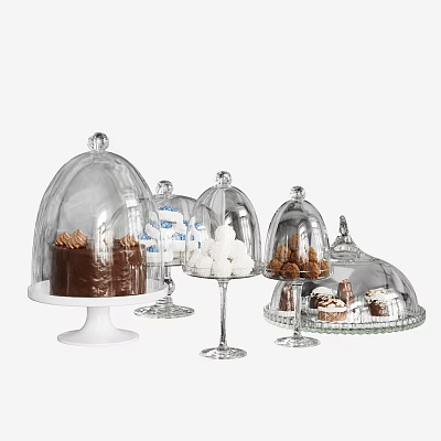 Assorted Desserts Under Glass Dome Covers With Chocolate Cake White Marshmallows Cookies On Different Stands 3d model