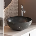 Modern Bathroom Vanity With Illuminated Round Mirror Honeycomb Pattern Wall And Storage Cabinets