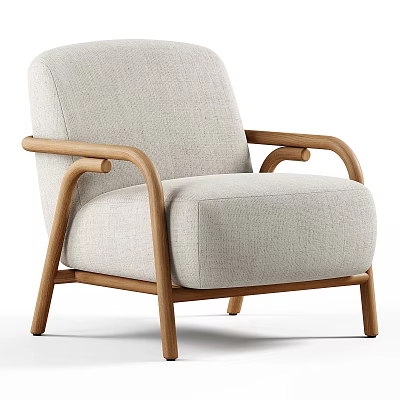 Modern Linen Fabric Leisure Chair With Wooden Armrests And Legs 3d model
