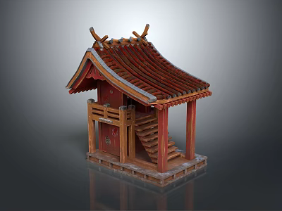 Cartoon Scene Of Traditional Wooden Pavilion With Red Tile Roof Stairs And Railings 3d model