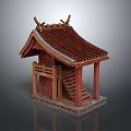Cartoon Scene Of Traditional Wooden Pavilion With Red Tile Roof Stairs And Railings