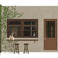 Green Vines Decorated Wall With Wooden Window Door And Small Bar Counter Stools