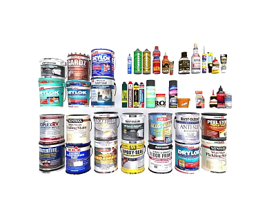 Industrial Equipment Featuring Paint Cans And Chemical Bottles Of Various Brands 3d model