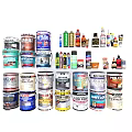 Industrial Equipment Featuring Paint Cans And Chemical Bottles Of Various Brands