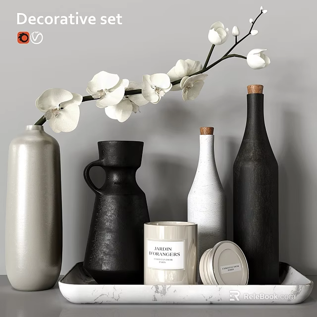 Stylish Home Living Supplies Including White Orchid Decorative Vases And Essential Oil Candle Jar 3d model 