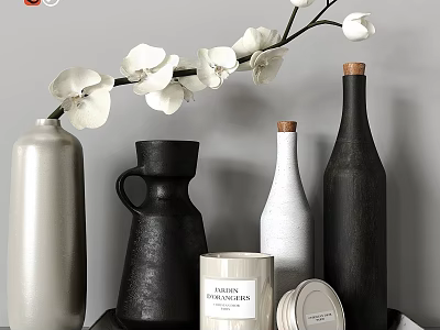 Stylish Home Living Supplies Including White Orchid Decorative Vases And Essential Oil Candle Jar 3d model