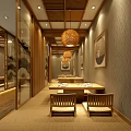 Serene Restaurant Corridor With Wooden Floors Glass Partitions Warm Lighting And Wall Art