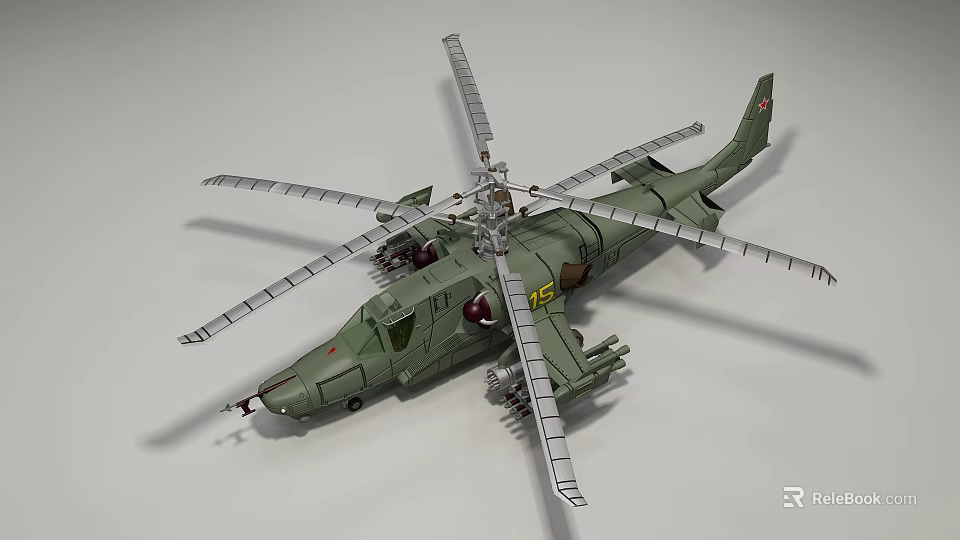 Detailed Green Military Attack Helicopter With Multiple Rotors And Weapon Mounts 3d model 