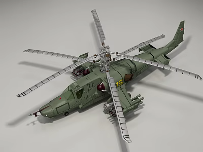 Detailed Green Military Attack Helicopter With Multiple Rotors And Weapon Mounts 3d model