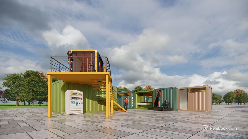 Colorful Container Buildings With Staircase And Service Kiosk In Outdoor Plaza 3d model 