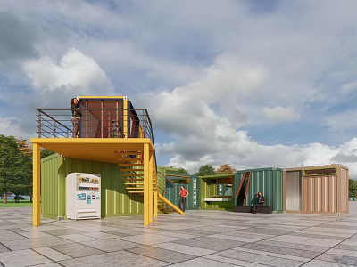 Colorful Container Buildings With Staircase And Service Kiosk In Outdoor Plaza 3d model