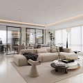Modern Living and Dining Room Interior With Neutral Tones Sofa Dining Table And Large Windows 3d model