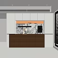 Modern Sideboard With Wooden Cabinet Marble Backsplash Appliances And Window Blinds