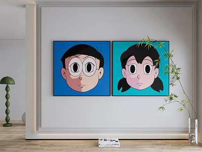 Two Cartoon Character Portrait Paintings With Blue Background Large Eyes Boy And Girl Wall Decor 3d model