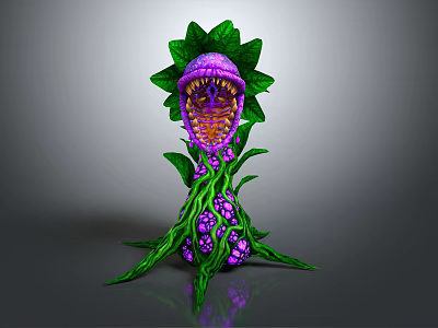 Mysterious Plant With Green Leaves Purple Body Open Mouth Sharp Teeth Vines 3d model