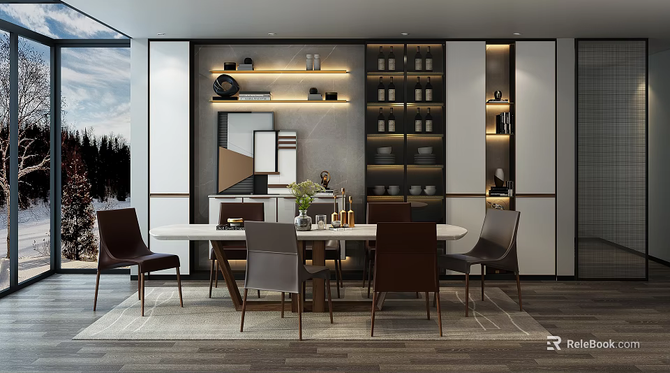 Modern Restaurant Interior With Open Design Dining Table Chairs And Wine Rack 3d model