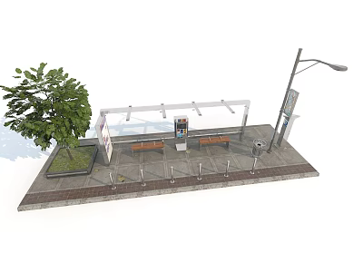 Urban Modern Bus Stop With Shelter Benches Advertising Boards Street Lamp and Tree 3d model
