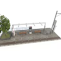 Urban Modern Bus Stop With Shelter Benches Advertising Boards Street Lamp and Tree