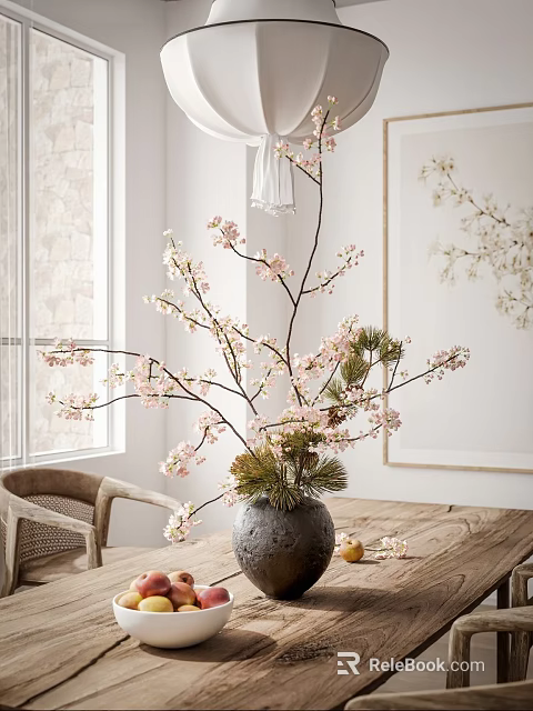 Bonsai Plant With Pink Cherry Blossom Branches Pine Needles In Gray Pot On Wooden Table 3d model 