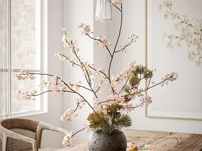 Bonsai Plant With Pink Cherry Blossom Branches Pine Needles In Gray Pot On Wooden Table 3d model