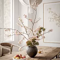 Bonsai Plant With Pink Cherry Blossom Branches Pine Needles In Gray Pot On Wooden Table