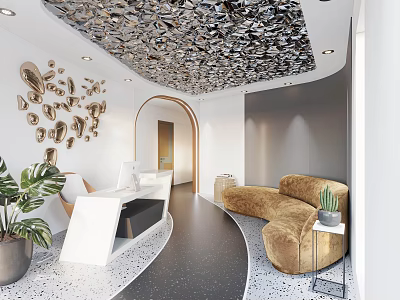 Modern Elegant Reception Area With White Desk Unique Ceiling Golden Decor And Brown Curved Sofa 3d model