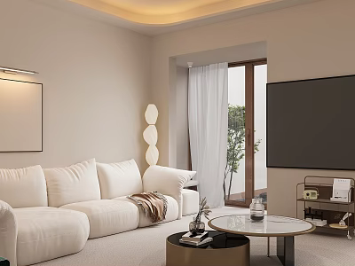 Modern Living Room Interior With White Sofa Coffee Table TV And Floor to Ceiling Windows 3d model