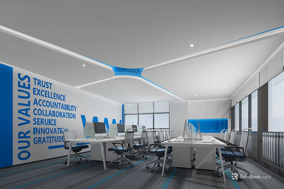 Modern Public Office Space With Collaborative Wall Slogans Workstations And Large Windows 3d model